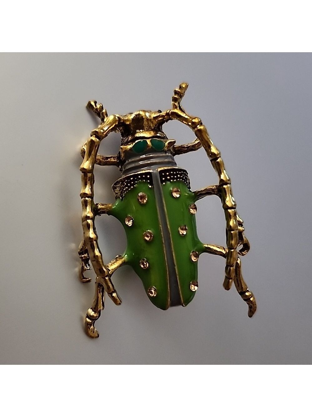 Green Beetle Brooch – Gold Tone Rhinestone Accent